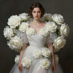 Nina Dobrev dressed in a vaporous wrapped large  victorian white roses cotton dress fashion, D&D, fantasy, intricate, elegant, highly detailed, digital painting, artstation, concept art, matte, sharp focus, illustration, art by Artgerm and Greg Rutkowski and Alphonse Mucha