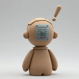 clay man back of head peeled back to expose control panel and an exclamation point is above his head
