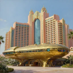 exterior view of the atlantis paradise, a retro futuristic spaceship made of brass, art deco influence, hotel style design. painting by artgerm and greg rutkowski.