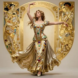 realistic detailed dramatic symmetrical portrait of Jennifer Lawrence as Salome dancing, wearing an elaborate jeweled gown, by Alphonse Mucha and Gustav Klimt, gilded details, intricate spirals, coiled realistic serpents, Neo-Gothic, gothic, Art Nouveau, ornate medieval religious icon, long dark flowing hair spreading around her