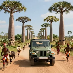 mahindra thar driving through madagascar road with baobabs trees, animals running along, tribe members attacking, action scene, an epic fantasy, wide shot, artgerm, trending on artstation, masterpiece, by greg rutkowski, by ross tran, by fenghua zhong, octane, soft render, ultrarealistic, colorful, cinematic, midsommar