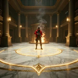 Bank interior elegant bank fancy white marble flooring emissive gold glowing, dimly lit volumetric. fire burning smoke, man wearing red jacket. holding rifle tactical. Cyberpunk 2077 man wearing red jacket. blade runner 2049 (2019) movie still 35mm wide angle lens