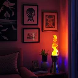 a lava lamp casts a glow on a well decorated room