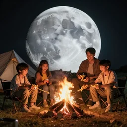 family of fries making a campfire on the moon