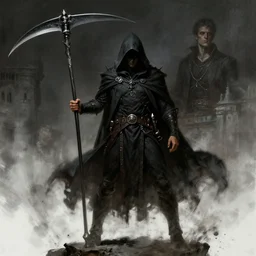 reaper in dark hood, full body concept, wielding scythe, beksinski, ruan jia, dark soul concept art, norman rockwell, frank frazetta