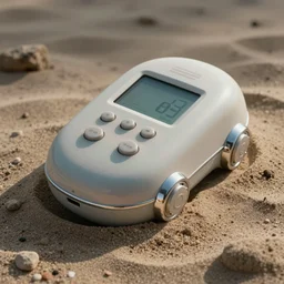 a high fidelity close up scientific archival photograph of an anthropomorphic object of unknown origin found in sand - designed to store and recycle positive water. faded pastel, chrome detail, led, user interface, switches, display.