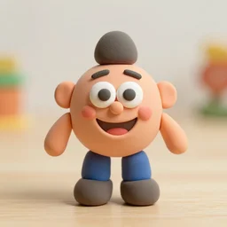 plastic clay figurine claymation kids character artwork, goofy face, smiling brightly