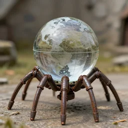 a glass globe walking on mechanical spider legs, many rusty joints, a gnome peeking out, dnd, medieval scene