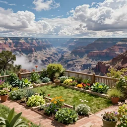 backyard garden, in the valley of the wind. Digital art, big scale landscape. Canyons. Clouds. Highly detailed, artstation.
