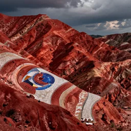 landscape with red mountains, tile art mosaic