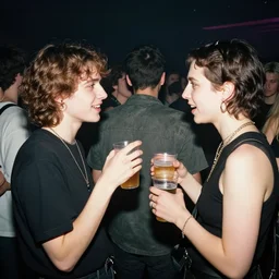2 friends partying at an alternative concert with drinks, crowd in the back, realistic surrealism
