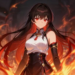 red eyed beautiful long haired anime girl, flames everywhere, highly detailed, digital painting, artstation, concept art, smooth, sharp focus, illustration, art by artgerm and greg rutkowski and alphonse mucha