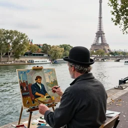 artist Ewan McGregor is painting a painting by the Seine river bank. We can see his back. He is a gentleman and wears a bowler hat, He is an artist, on background there is Eiffel tower, by d'Édouard Cortès, by Gustave Courbet, by Jean-François Millet, by Honoré Daumier, by Jean-Baptiste-Camille Corot, by ADOLPH VON MENZEL, by THOMAS COWPERTHWAIT EAKINS, by ILYA REPIN, by JEAN-FRANÇOIS MILLET, by ANDREW NEWELL WYETH, by ROSA BONHEUR, by EDWARD HOPPER