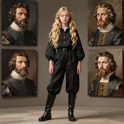 cloth, black fabric, jodhpurs high lether boots fashion retro, elegant long hair blondie young girl, fantasy traveler, geometrical low poly, dainty renaissance portrait by michael garmash, greg rutkowski, gaston bussiere, rhads, craig mullins
