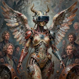 junky angel, in center of composition, wings, cybertronic gadgets and vr helmet, flesh + technology, durty colours, rotten textures, rusty shapes, biotechnology, norman rockwell, tim hildebrandt, dariusz zawadzki, bruce pennington, larry elmore, hyperrealistic oil painting on canvas, deep depth field, masterpiece, cinematic composition, hyper - detailed, hd