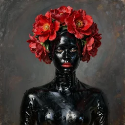 someone dressed with black latex, wearing red flowers. by etam cru, william bouguereau. highly detailed oil painting