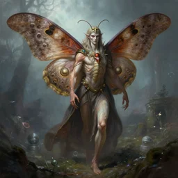 changeling insect Moth morphed male with robes venture forth into the dreamworld highly detailed, digital painting, artstation, concept art, smooth, sharp focus, illustration, art by artgerm and greg rutkowski and alphonse mucha