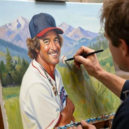 a closeup photorealistic photograph of bob ross crafting an image of kenny powers autographing a baseball, painting on a canvas. mountains and trees. film still. brightly lit scene. this 4 k hd image is trending on artstation, featured on behance, well - rendered, extra crisp, features intricate detail, epic composition and the style of unreal engine.