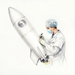 a doctor performing surgery on a rocket, watercolor art traced by pencil