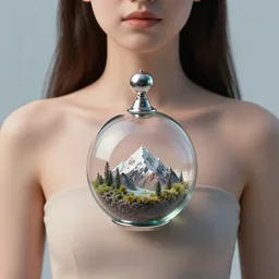 photo of young woman wearing a futuristic terrarium glass jewelry pendant with a tiny mountain inside of it, by dieter rams and wlop by jungyeonmin and james jean jhonseru jsezz artstation volumetric lighting, granular detail, hyperrealist, hypermaximalist, granular detail, hypermaximalist, micro details, blender, vray