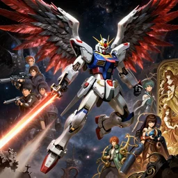 highly detailed vfx portrait of an demonic gundam with wings of feathers beam saber fighting in space with a beam gun, unreal engine, greg rutkowski, loish, rhads, beeple, makoto shinkai and lois van baarle, ilya kuvshinov, rossdraws, tom bagshaw, alphonse mucha, global illumination, detailed and intricate environment