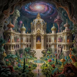 an epic elite masterpiece mysterious sci - fi matte painting of a psychedelic baroque palace through haunted cave dream worlds with surreal brutalist structures inspired by heironymous bosch's garden of earthly delights, surreal lush landscapes by asher durand and cyril rolando and natalie shau and thomas kinkade, insanely detailed and intricate, elegant, subterranean galaxy