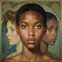 a streamline moderne, art nouveau, multi - ethnic and multi - racial portrait in the style of charlie bowater, and in the style of donato giancola, and in the style of charles dulac. very large, clear, expressive, intelligent eyes. symmetrical, centered, ultrasharp focus, dramatic lighting, photorealistic digital painting, intricately detailed elegant background.
