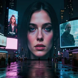 detailed face of a woman, moment, cyberpunk cloisters, electronic billboards, tech noir, wet reflections, atmospheric, ambient, livia prima, pj crook, greg rutkowski, edward hopper