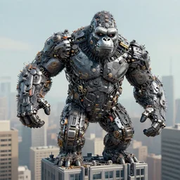 a giant cyborg king kong climbing a skyscraper made from mechanical parts, greg rutkowski, 8 k, shallow depth of field, intricate detail, concept art,