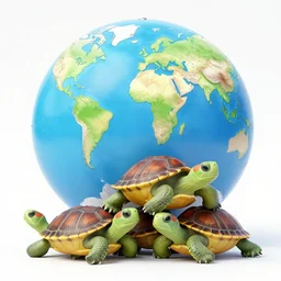 a stack of turtles, turtles beneath a round disc with a map of earth, side view