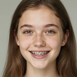 A beautiful young girl with braces, 8k, pimples and freckles