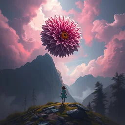 giant dahlia flower as a head, girl walking on mountain, surreal photography, pink storm clouds, dramatic light, impressionist painting, digital painting, artstation, simon stalenhag