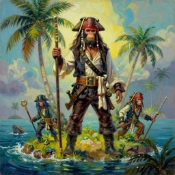 Monkey pirates landing on a tropical island, retro future, oil paint on canvas