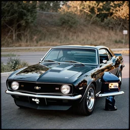 designed by john delorean stylized poser of a single ( 1 9 6 7 chevrolet impala ) 2 0 1 3 chevrolet camaro ss! delorean!!, air scoop, painted glossy black, large led lights, ektachrome photograph, volumetric lighting, f 8 aperture, cinematic eastman 5 3 8 4 film