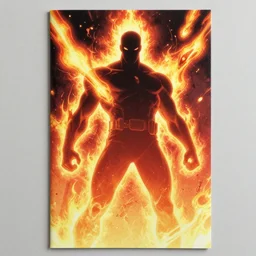 high quality colored comic book, flaming meteorites falling behind the intimidating silhouette of the arch nemesis flame aura