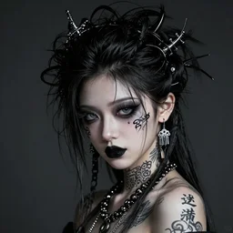 japanese gothic model with maximalist hair style and kanji tattoos, dark colors, fashion model, portrait shot, depth of field, 8 k, hyper detailed, intricate, trending on artstation