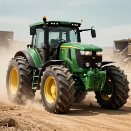 john deere tractor as a mad max war machine cinematic still, post apocalyptic setting