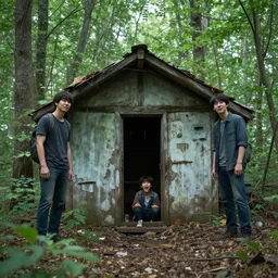 scene from a 2010s science fiction film+ Seokjin & Jungkook find enter the abandoned cabin in the middle of the woods + they look around + jungkook is happy that he's no longer alone + CGSOCIETY + directed by Luc Besson +