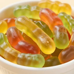 macro image of a bowl full of gummy worms, realistic, glistening, slightly sprayed with water.