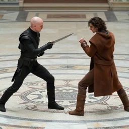 bald_hairless_Austin_Butler-dressed-in-black fighting knife-duel with Timothee_Chalamet_dressed-in-brown-felt, on a mosaic marble floor dais, film still from Dune 2020, intricately detailed