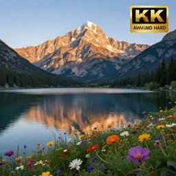 highly detailed realistic landscape photo of calm lake, sunlit mountain in background, colourful flowers in foreground, award winning photo, hyper realistic, concept art, 8 k detail post - processing