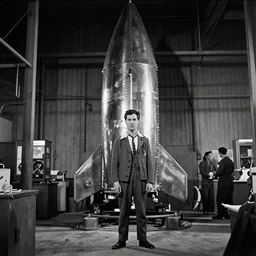 Buster Keaton silent film inside a rocket factory. Grainy footage still.