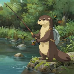 painting of otter-fishman with fishing rod, stylized, octane render, morning forest river, Ghibli style, godraze, volume light