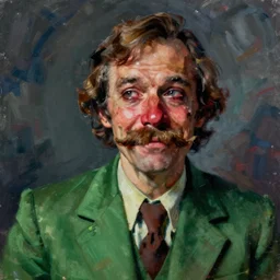 portrait of a melancholy bedraggled detective with 70s mutton chops and moustache, wearing a 1970s green blazer with a tapered collar, looking out and grinning with bloodshot eyes and a swollen red nose, 44 years old mature caucasian male, just a total wreck of a human being, in the style of Jenny Saville, Alex Kanevsky, Wassily Kandinsky, expressive, atmospheric, textured brush strokes, soulful impressionism, intimate digital art