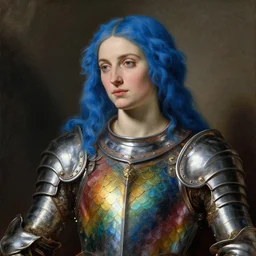 seductive saoirse ronan, cerulean hair, wearing rainbow colored scale armour, oil painting by titian, hard focus