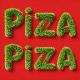 picture of a text, red background, text made out of grass - fiber saying pizza