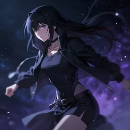 anime style assassin female, smooth, fine face, dark vibe, cosmic vibe, moving fastly