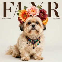 cream - colored havanese dog wearing an ornate african necklace, a large headpiece made from flowers, soft light colored background, intriguing pose, magazine fashion photo by mark seliger