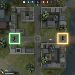 cs : go minimap, layout of map, 2 character spawn locations on opposite sides of map with a highlighted box around them, 2 objective sites with a hihg lighted box around them, overhead view of the minimap design