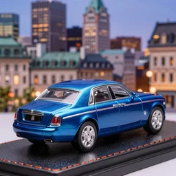 3 5 mm photo of metallic blue 9 9 rolls royce boat tail, like die cast 1 / 6 4 model with a montreal city as background, epic cinematic, epic lighting